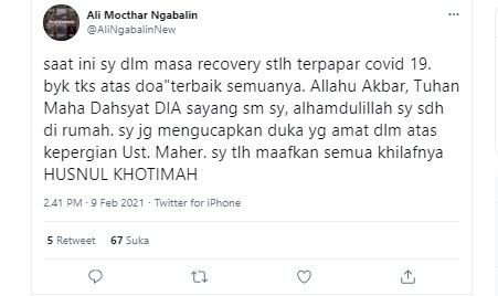 Tenaga Ahli Kantor Staf Kepresidenan Ali Mochtar Ngabalin positif COVID-19. Hal itu diumumkan Ali Mochtar Ngabalin sendiri. 