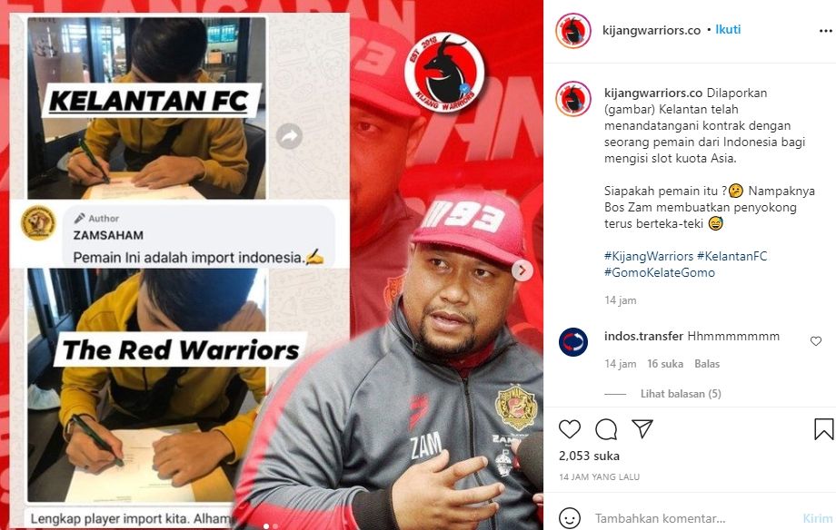 Pemain asal Indonesia gabung Kelantan FC. (Instagram/@kijangwarrirors.co).