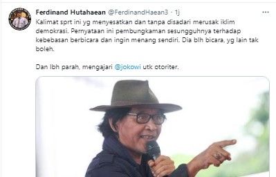 Mantan Politisi Demokrat Ferdinand Hutahaean menuding Sujiwo Tejo mengajari Jokowi jadi otoriter. Awalnya Sujiwo Tejo meminta Jokowi tertibkab buzzer liar.