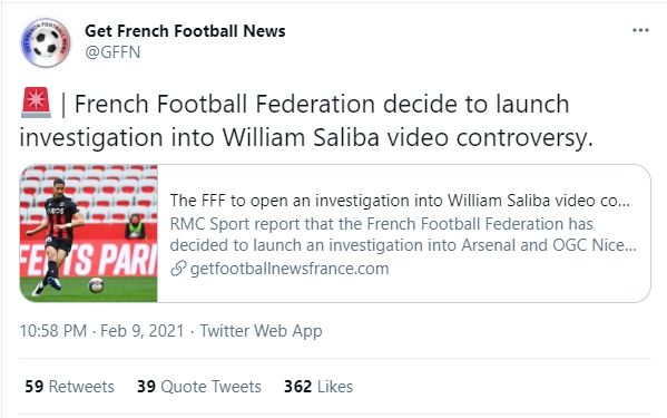 Video senonoh William Saliba akan diinvestigasi oleh Federasi Sepak Bola Prancis (FFF). (Twitter/@GFFN)