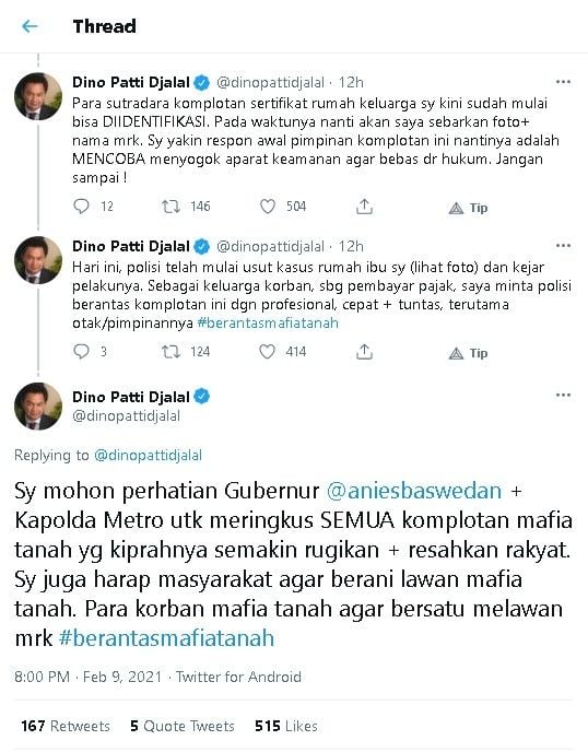 Dino Patti Djalal minta Anies Baswedan ikut meringkus mafia tanah. - (Twitter/@dinopattidjalal)