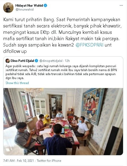 Hidayat Nur Wahid merespons kasus pencurian sertifikat rumah ibu Dino Patti Djalal. - (Twitter/@hnurwahid)