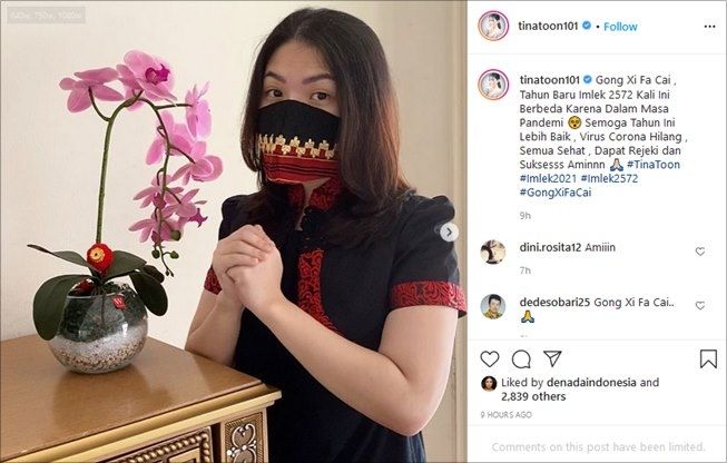 Tina Toon Unggah Foto Cantik untuk Rayakan Imlek, Maskernya Bikin Salfok. (Instagram/@tinatoon101)