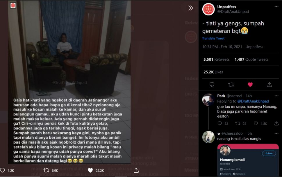 Viral pria nyelonong masuk kos cewek (Twitter/DraftAnakUnpad).