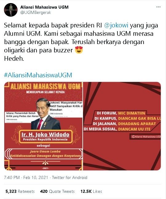 Sindiran pedas untuk Jokowi - (Twitter/@UGMBergerak)