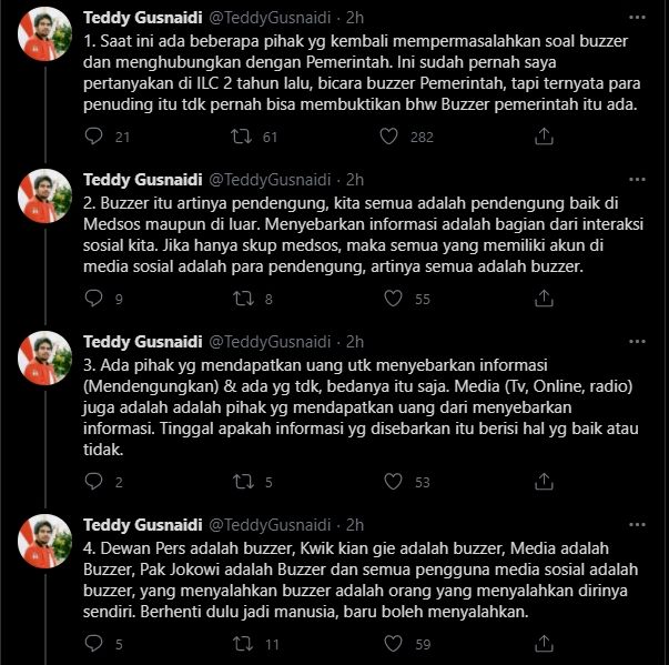 Teddy Gusnaidi soal Buzzer (Twitter/TeddyGusnaidi).