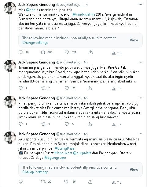 Sujiwo Tejo mengenang momen kocak Prie GS mantu - (Twitter/@sudjiwotedjo)