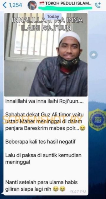 Cek fakta Ustadz Maaher meninggal karena disuntik paksa di penjara (turnbackhoax.id).