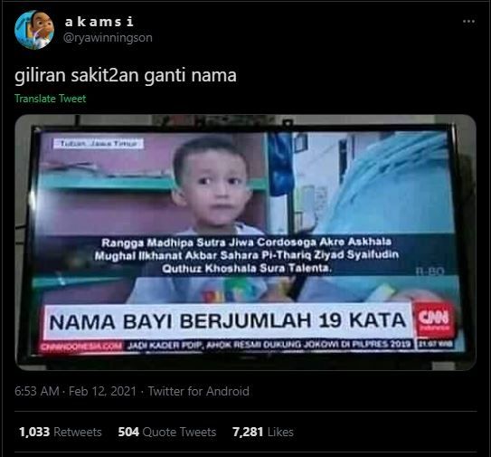 Viral nama anak berjumlah 19 suku kata. (Twitter/@ryaminningson)