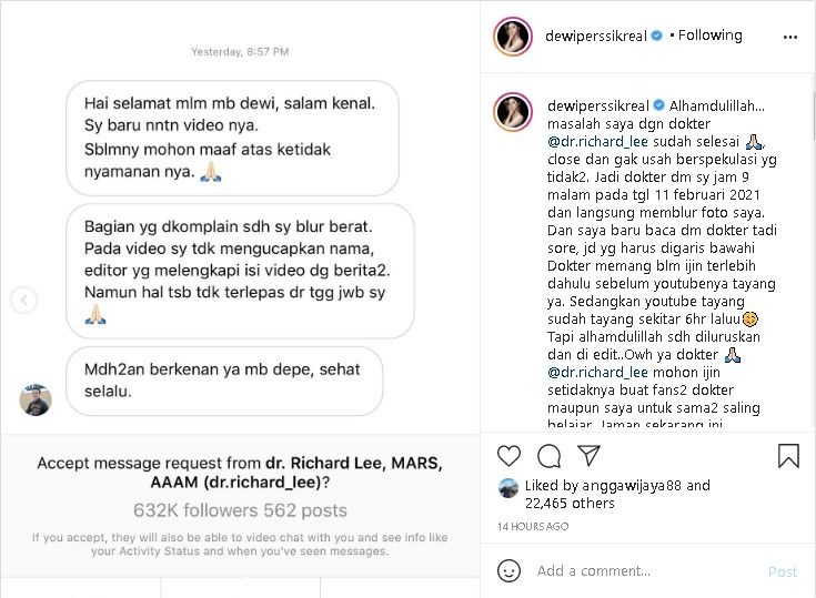 Dewi Perssik membagikan tangkapan layar DM dari dr Richard Lee - (Instagram/@dewiperssikreal)