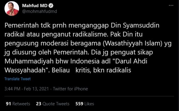 Mahfud MD soal Din Syamsuddin dicap radikal (Twitter).