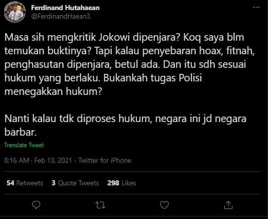 Ferdinand Hutahean soal pernyataan kritik Jokowi. (Twitter/FerdinandHaean3)