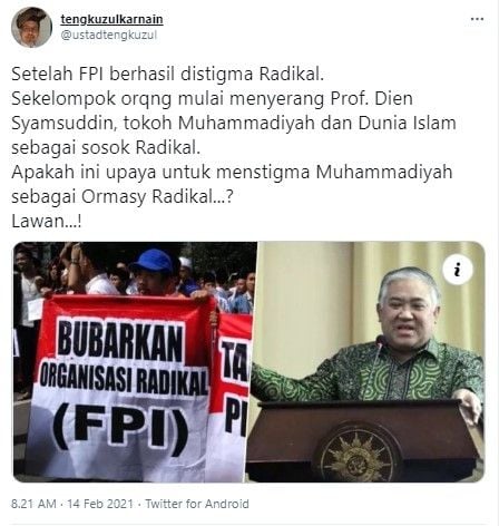 Tengku Zul endus dugaan stigmatisasi Muhammadiyah ormas radikal (Twitter/ustadtengkuzul)