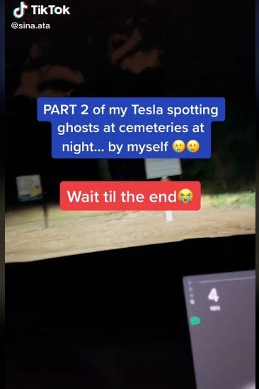 Mobil tesla dipakai uji nyali berburu hantu. [sina.ata / TikTok]