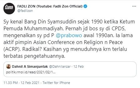 Komentar Fadli Zon soal Din Syamsuddin dituduh radikal (Twitter/fadlizon)
