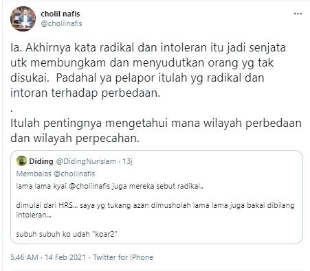 Komentar Cholil soal Din Syamsuddin dituduh radikal (Twitter/cholilnafis)