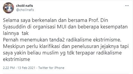 Komentar Cholil soal Din Syamsuddin dituduh radikal (Twitter/cholilnafis)