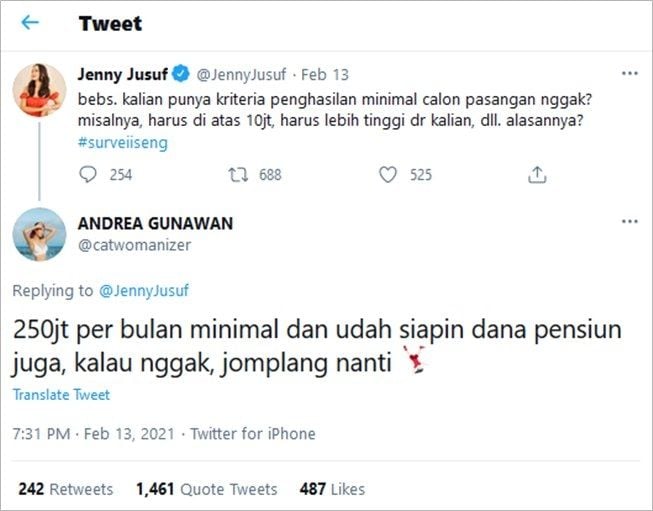 Viral Kriteria Pasangan Idaman Bergaji Rp250 Juta, Banjir Curhatan Kocak. (Twitter/@catwomanizer)