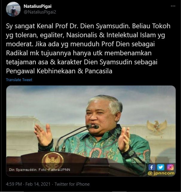 Natalius Pigai soal Din Syamsuddin dicap radikal (Twitter).