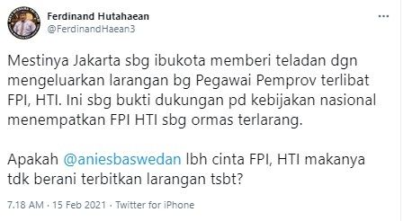 Ferdinand tantang Anies terbitkan larangan pegawai Pemprov terlihat FPI dan HTI (Twitter)