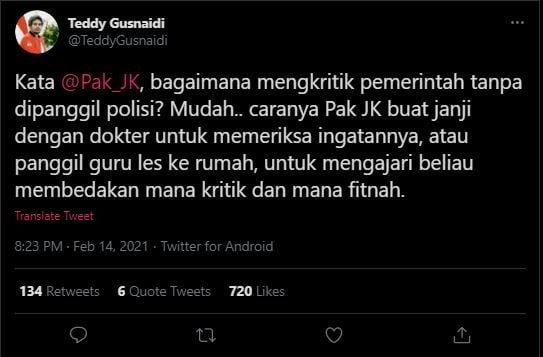 Teddy Gusnaidi sarankan Jusuf Kalla ke dokter. (Twitter/TeddyGusnaidi)