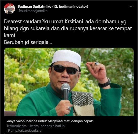 Budiman Sudjatmiko sindir Ustaz Yahya Waloni. (Twitter/@budimandjatmiko)