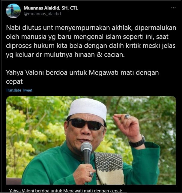 Cuitan Muannas Alaidid soal Ustaz Yahya Waloni (Twitter).