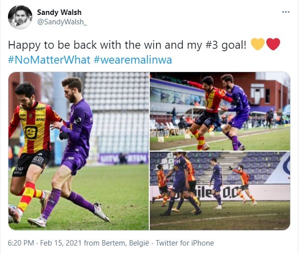 Sandy Walsh menjadi pahlawan comeback dan sudah mencetak tiga gol di Liga Belgia bersama KV Mechelen. (Twitter/@SandyWalsh_)