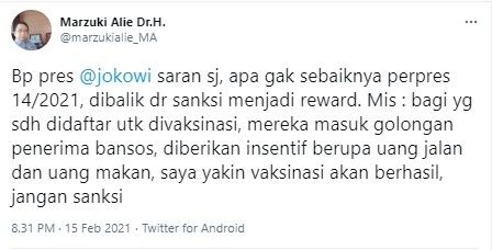 Marzuki Alie usul penerima vaksin dapat hadiah (Twitter/marzukialie_ma)