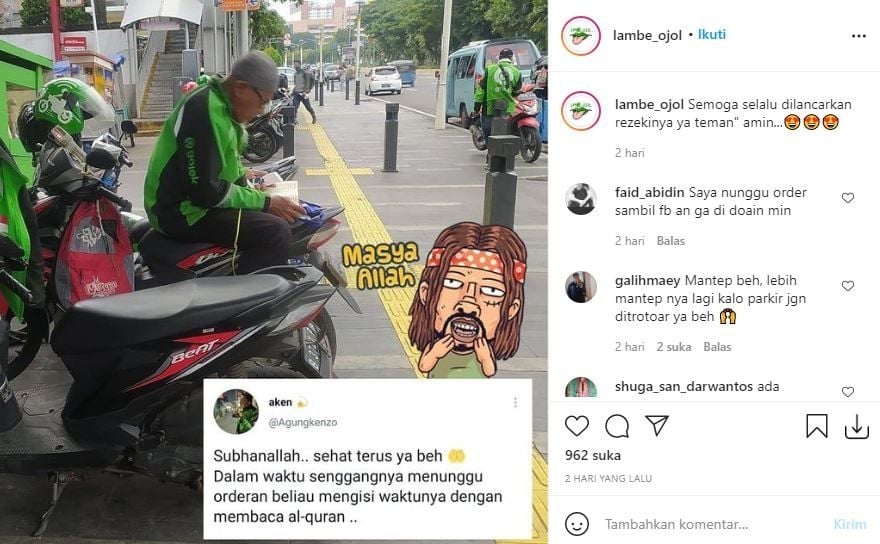 Viral foto driver ojol baca Al Quran di pinggir jalan. (Instagram/lambe_ojol)