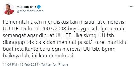 Mahfud MD mau revisi UU ITE (Twitter/mohmahfudmd)