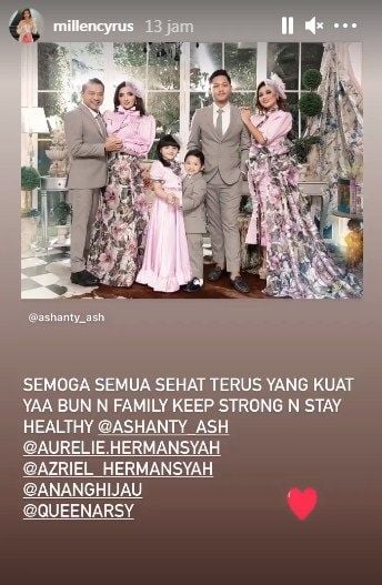 Selebgram Millen Cyrus mendoakan kesehatan sang tante Ashanty dan keluarganya yang positif Covid-19 melalui Insta Story, Senin (15/2/2021). [Instagram/millencyrus]