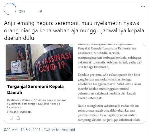 Vaksinasi tunggu seremoni dikecam publik (Twitter)