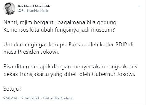 Rachland usul gedung Kemensos diubah jadi museum pengingat korupsi bansos (Twitter/rachlannashidik)