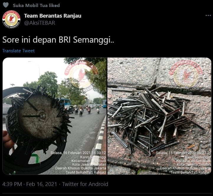 Viral tebaran ranjau paku bikin prihatin. (Twitter)