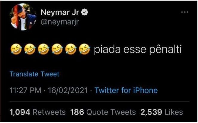 Tangkapan gambar cuitan Neymar di Twitter ketika pertandingan Barcelona vs PSG berlangsung di Camp Nou, Rabu (17/2/2021). [Marca]