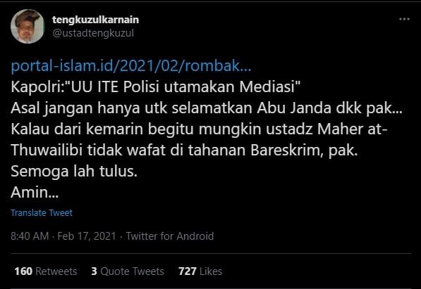 Tengku Zul soal UU ITE (Twitter/ustadtengkuzul).