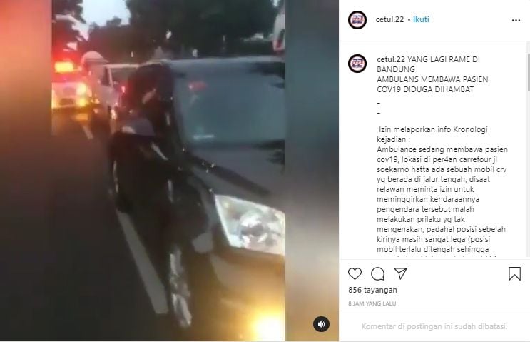 Video mobil diduga hambat ambulans (Instagram/Cetul22).