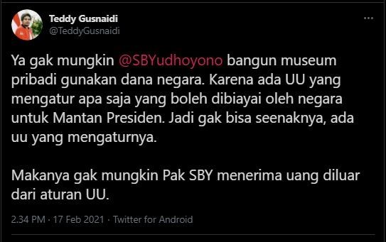 Cuitan Teddy Gusnaidi soal Museum SBY. (Twitter)