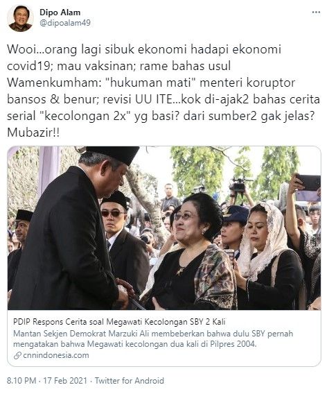 Komentar Dipo Alam soal Megawati kecolongan dua kali (Twitter/dipoalam49)