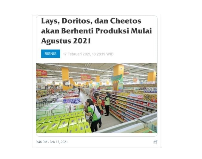 Lays, Cheetos, dan Doritos Akan Berhenti Dijual di Indonesia. (Twitter)