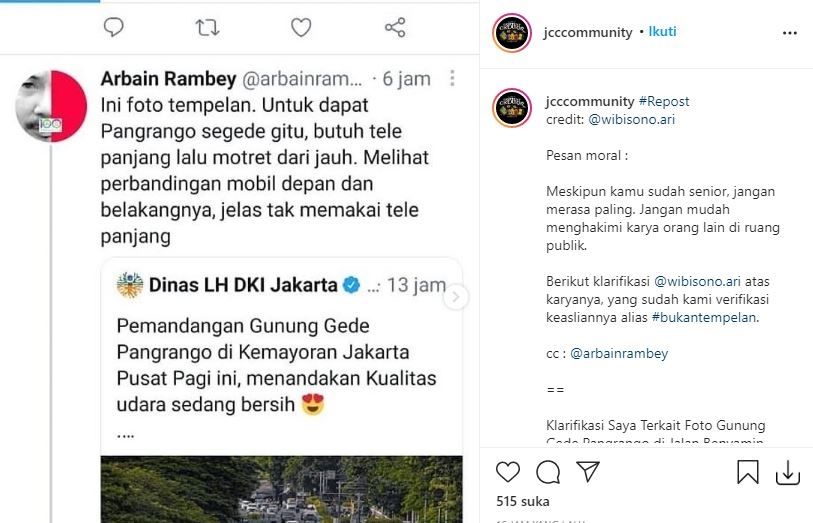 Viral foto Gunung Gede Pangrango disebut tempelan. (Instagram/@jcccomunity)