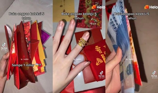 Viral Wanita Buka Angpao Koleksi 5 Tahun, Isi Uang hingga Kalung Berlian. (TikTok/@ivyfeb)