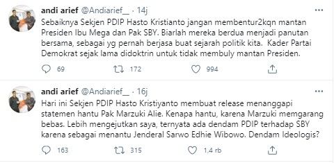 Andi Arief peringati Sekjen PDIP agar tak benturkan Megawati dan SBY (Twitter/andiarief_)