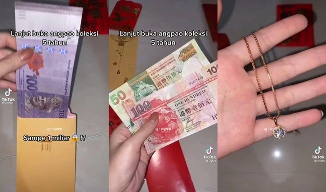 Viral Wanita Buka Angpao Koleksi 5 Tahun, Isi Uang hingga Kalung Berlian. (TikTok/@ivyfeb)