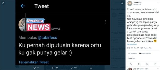 Nyesek Banget, Wanita Ini Diputusin Pacar karena Orangtua Tak Punya Gelar. (Twitter/@tubirfess)