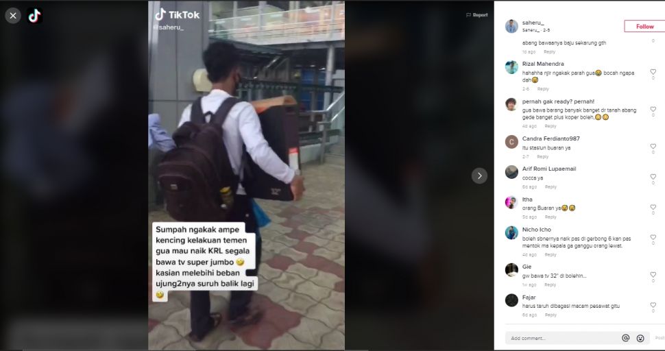 Viral pria mau naik KRL bawa TV jumbo (TikTok).