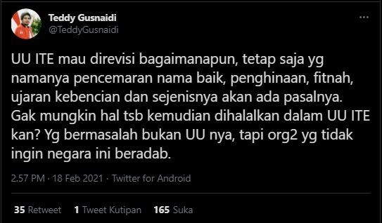 Tanggapan Teddy Gusnaidi soal revisi UU ITE. (Twitter)