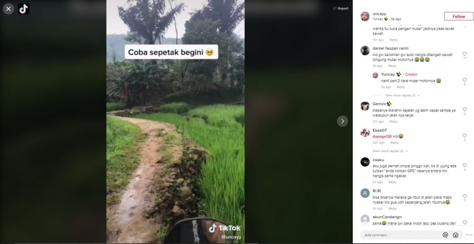 Viral gadis hendak ke curug, diarahkan ke jalan tak terduga oleh Google Maps (TikTok).