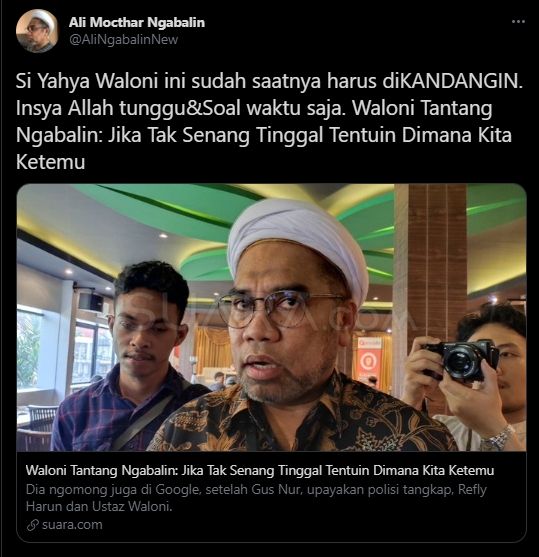 Ali Ngabalin menjawab tantangan Ustaz Yahya Waloni. (Twitter)